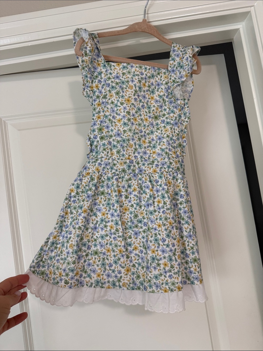 Girls Floral Ruffle Strap Dress in Blue & Yellow